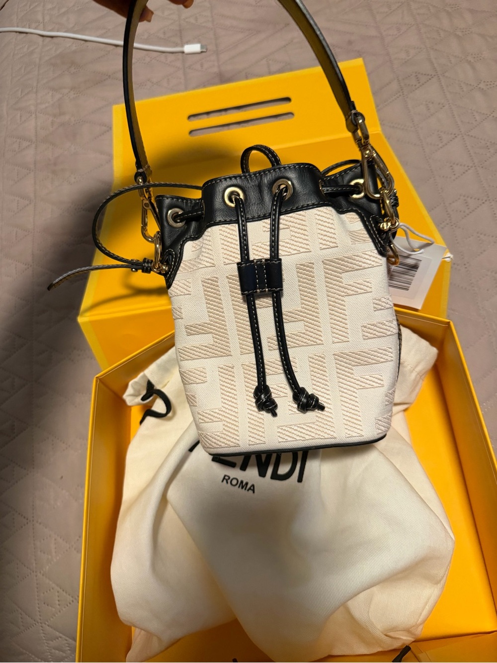 Fendi Mini Drawstring Bucket Bag in Cream and Black
